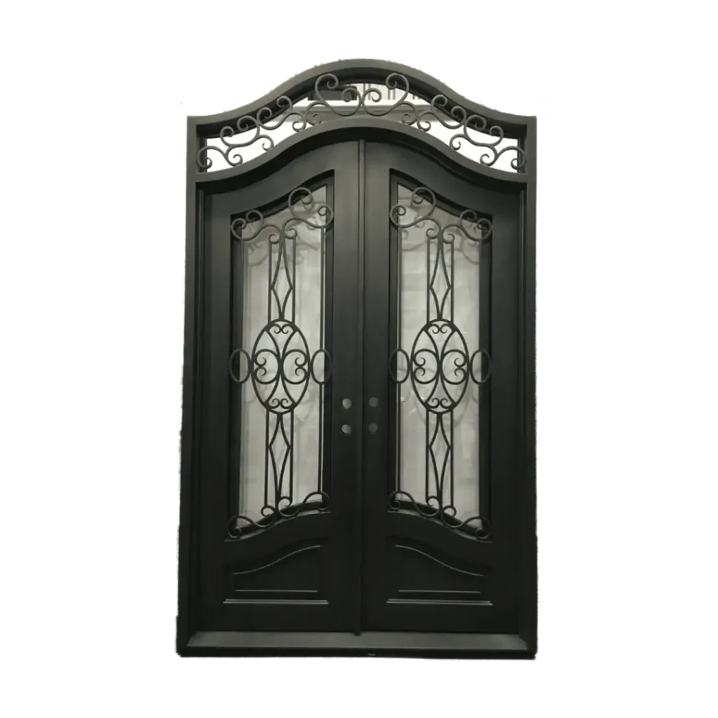 Double wrought iron door EL1013 MCD with decorative crown top and scrollwork, handcrafted for elegance and durability.