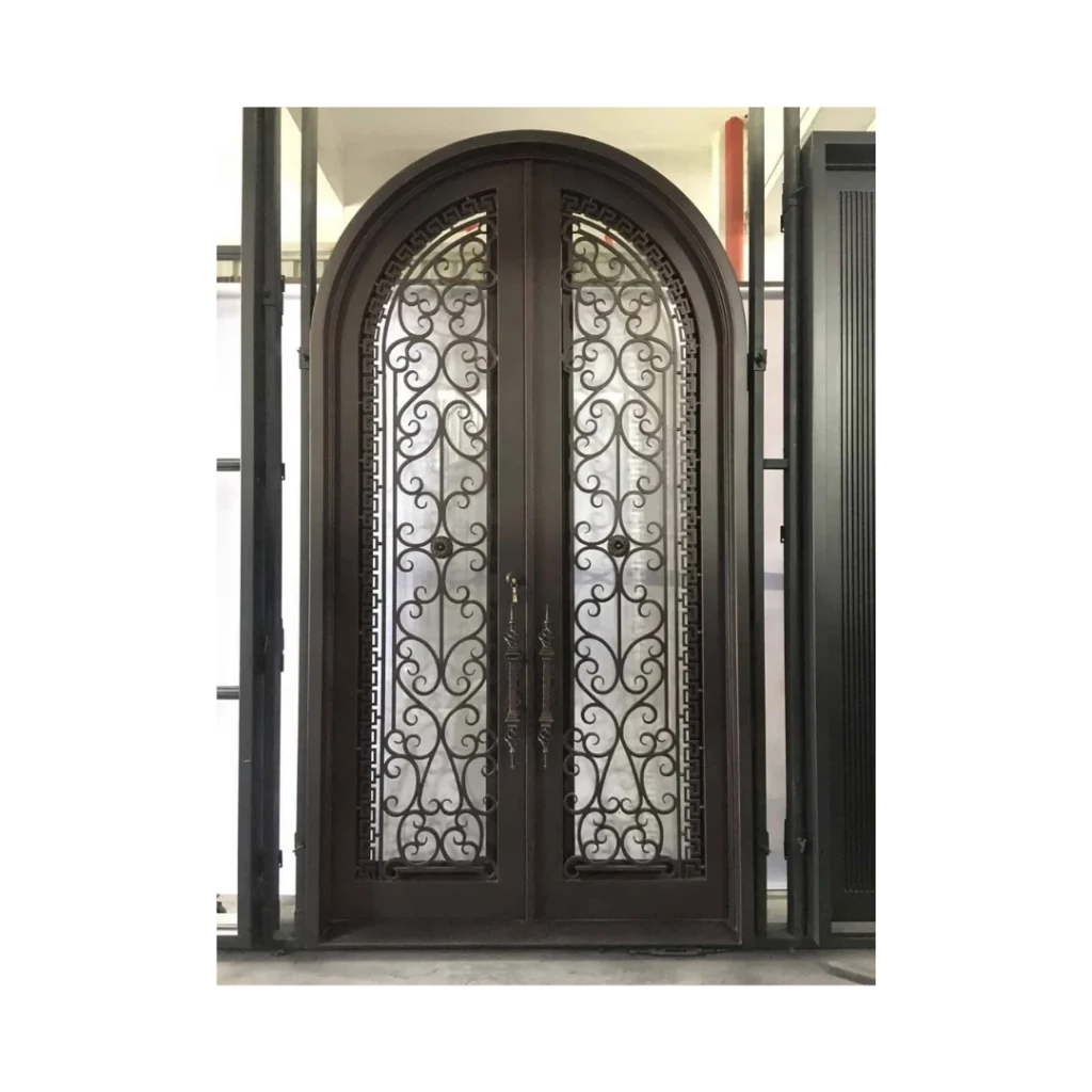 Arched Wrought Iron Double Door with Scroll and Transom – EL1213 MCD