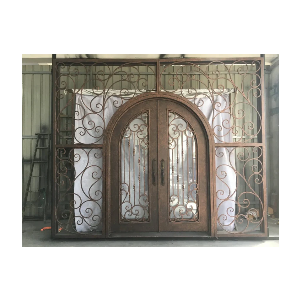 Arched wrought iron double door with patina bronze scroll grilles – EL1249 MCD