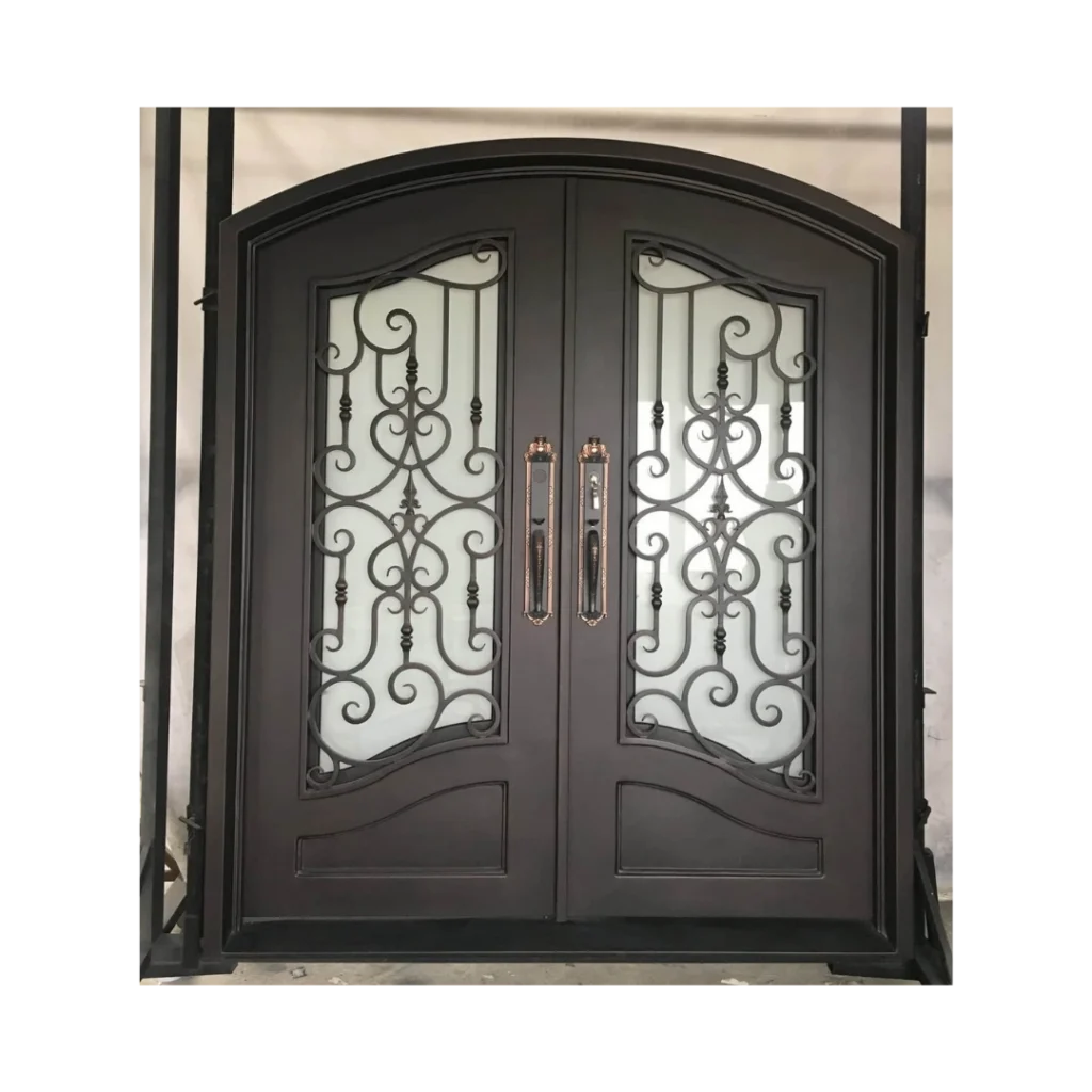 Radius arch wrought iron double door with scroll grille and clear glass, EL1392 MCD