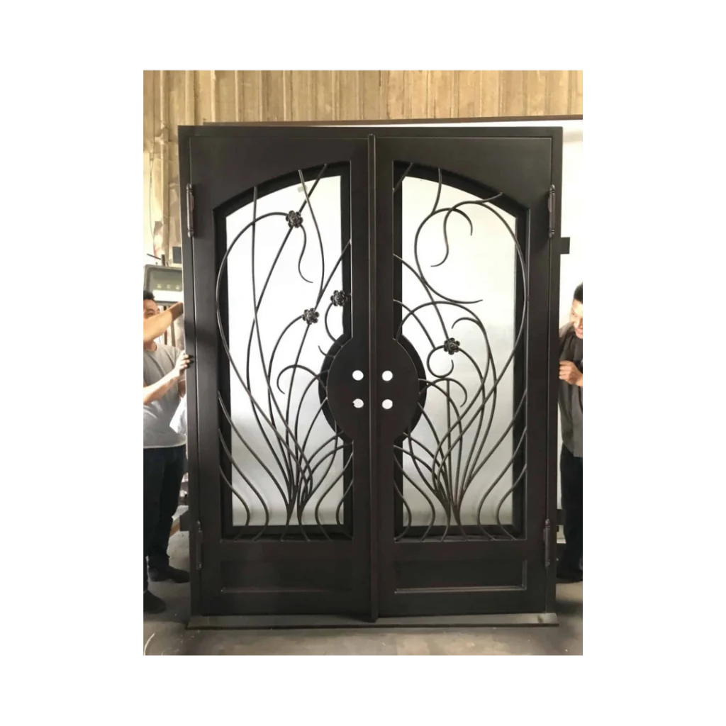 Sculpted scrollwork wrought iron double door EL1416 MCD with insulated glass and hand-forged iron detailing
