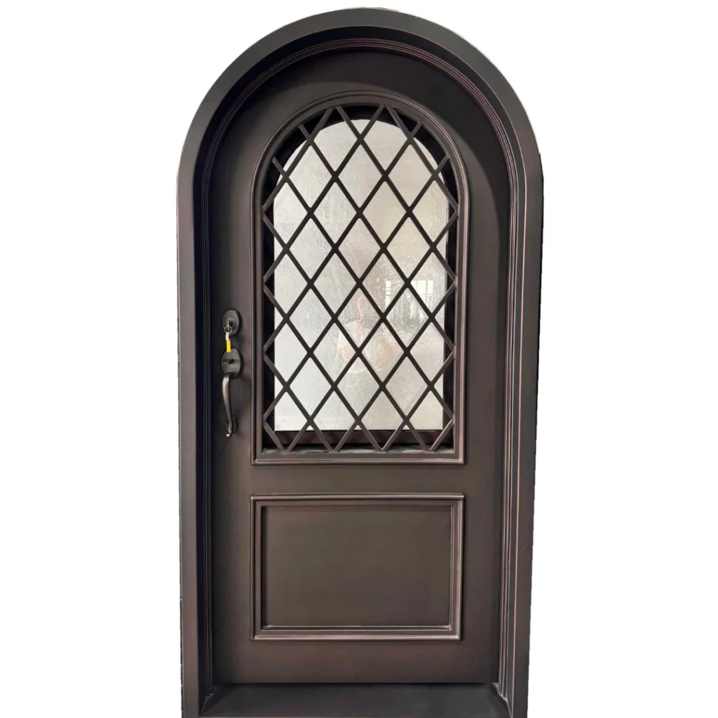 Radius top wrought iron single door EL1449 MCD with diamond grid insulated glass