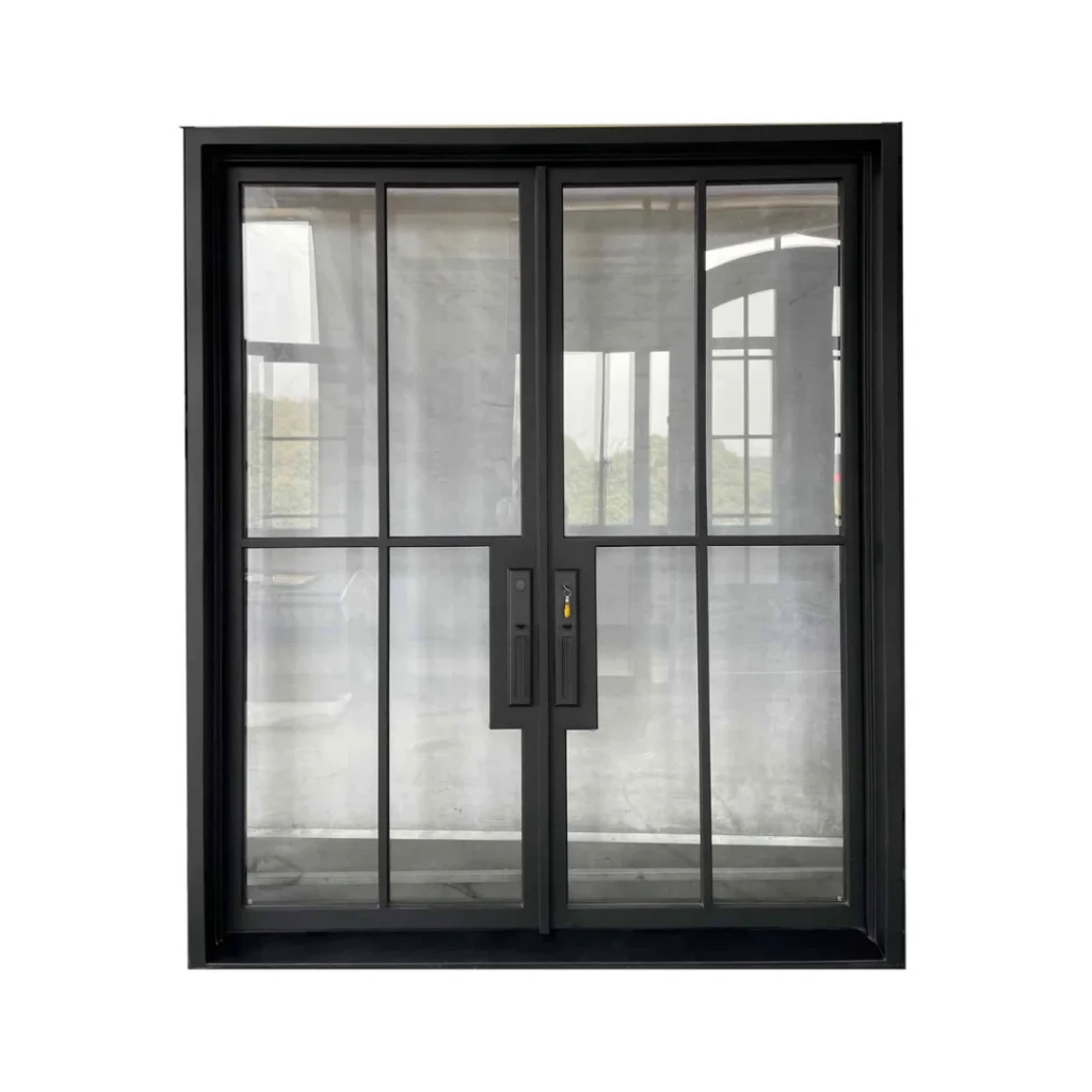 EL1450 MCD double wrought iron door with modern grid mullions and insulated clear glass panels