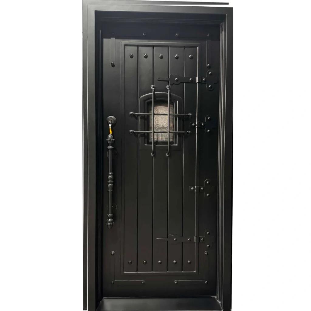 EL1574 MCD rustic wrought iron single door with vertical panels and speakeasy window insert