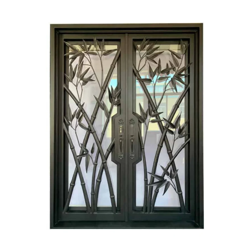 EL1604 MCD double wrought iron door with bamboo branch grille and full-height insulated glass panels