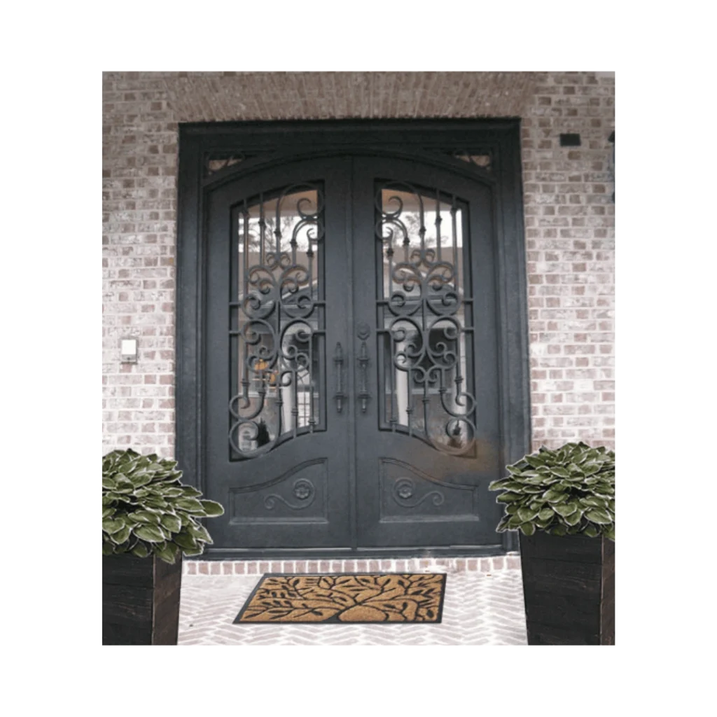 EL2031 MCD arched double wrought iron door with classic scroll grille and insulated glass panels
