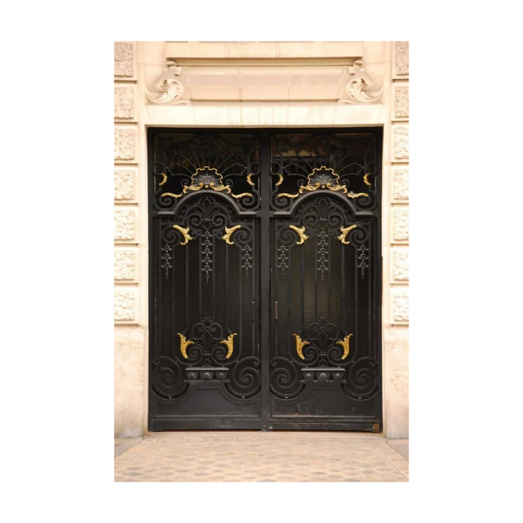 EL5008 MCD double wrought iron door with ornate crest and gold scrollwork over insulated glass