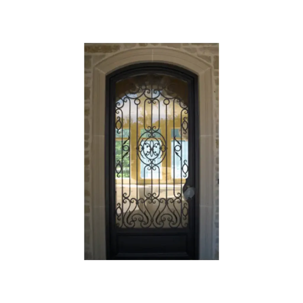 Single wrought iron door EL1004 with arched scroll detailing over glass, handcrafted for strength and elegance.