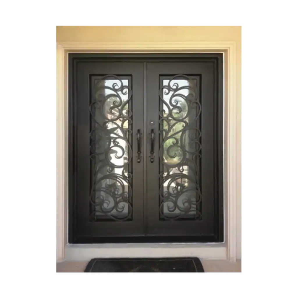Double wrought iron door EL1036 MCD with ornate arched scrollwork and glass panels, handcrafted for elegance and strength.