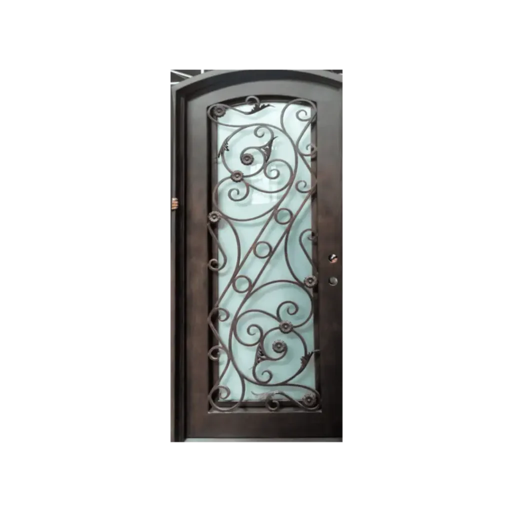 Single wrought iron door EL974 MCD with curved scrollwork and glass panels, handcrafted for strength and elegance.