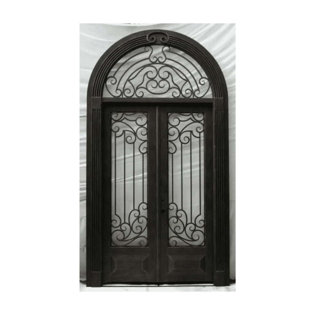 Grand arched wrought iron door EL983 MCD with intricate scrollwork, handcrafted for timeless luxury and durability.