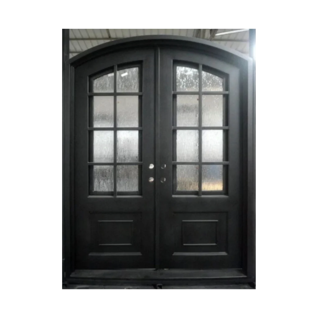 Double arched wrought iron door EL991 MCD with sidelights and beveled glass, hand-forged for strength and elegance.