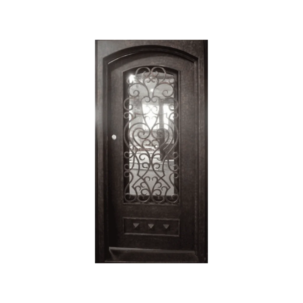 Single wrought iron door EL993 MCD with ornate scrollwork and transom, hand-forged for strength, artistry, and elegance.
