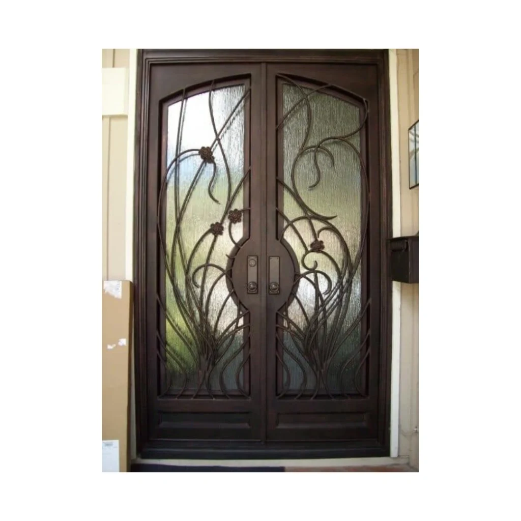 Double wrought iron door EL1082 MCD with wave-style scrollwork and glass, handcrafted for strength and elegance.