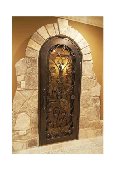 Arched iron wine cellar door with rustic vineyard inspired motifs WD92 MCD