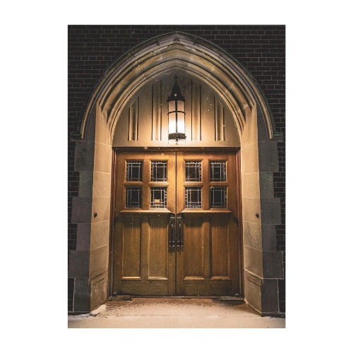 Gothic arched wood church door EX7041 MCD with stained-glass panels and stone framing
