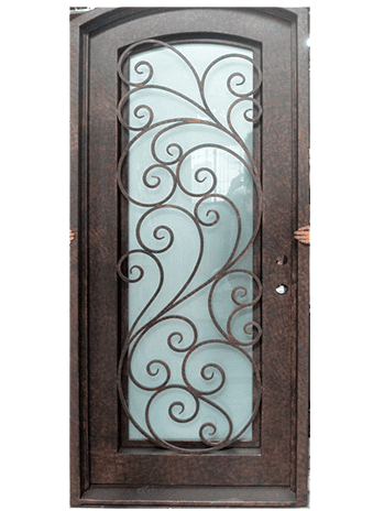 Single wrought iron door EL996 MCD with scrollwork and frosted glass, hand-forged for security and timeless elegance.