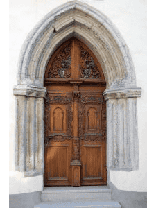 Hand-carved Gothic wood church door EX7005 MCD with floral and heraldic carvings