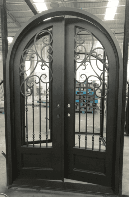 Grand arched wrought iron double door EL1015 MCD with scroll glass panels and 12-gauge wrought iron construction