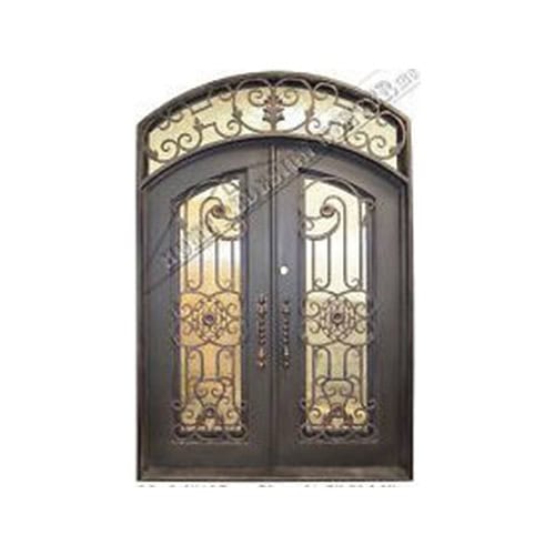 Ornate arched double wrought iron door with decorative scrollwork, glass and gold-toned accents EL1089 MCD, handcrafted by Monarch Custom Doors.