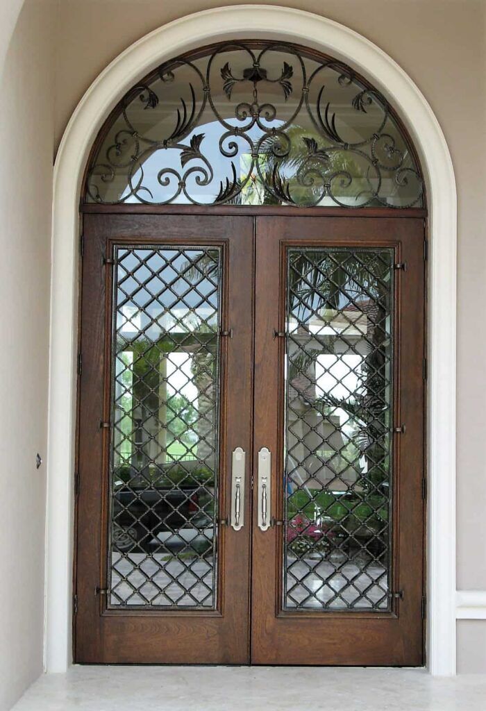Arched scroll iron glass hand-crafted wood door HC1212 MCD hardwood design