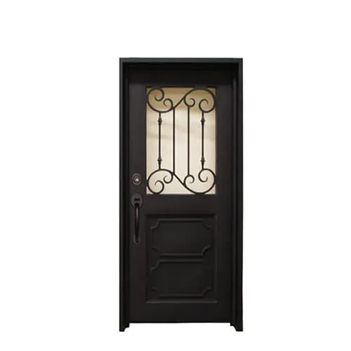Single wrought iron door with classic scroll glass and raised lower panels EL1071 MCD handcrafted by Monarch Custom Doors.