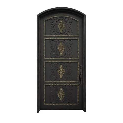 Single arched wrought iron door with ornamental embossed solid panels EL1075 MCD handcrafted from 12-gauge wrought iron by Monarch Custom Doors.
