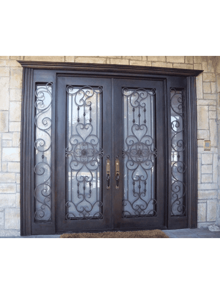 Double wrought iron door with ornamental scrollwork, beveled glass panels and matching sidelights EL1095 MCD by Monarch Custom Doors.