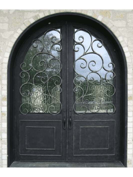 Double arched wrought iron door EL1144 MCD with flowing scrollwork, upper glass sections and substantial solid lower panels.
