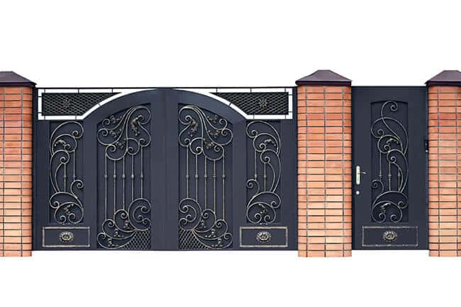 Decorative wrought iron gate with scrollwork and privacy security panel design G143 MCD