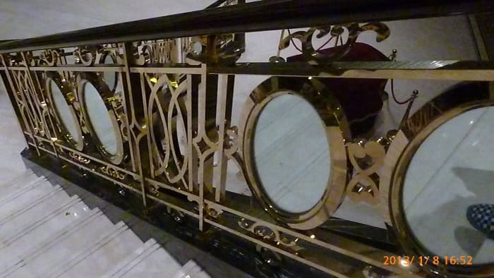 wrought iron railing with circular glass panels luxury staircase design R113 MCD