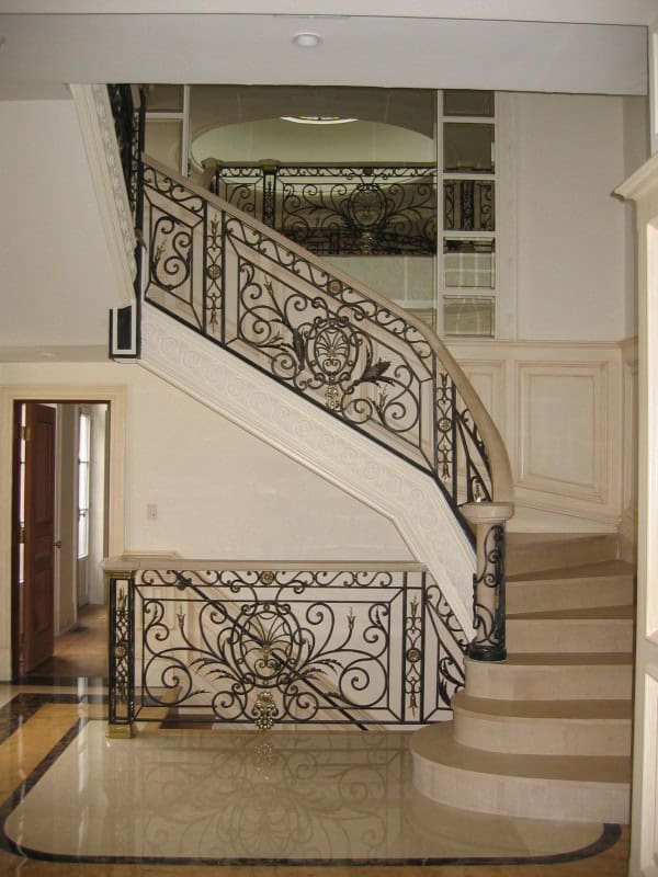 elegant curved scrollwork wrought iron staircase railing luxury interior design R902 MCD