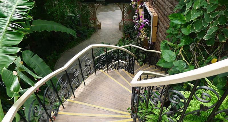 curved exterior wrought iron staircase railing garden pathway design R906 MCD