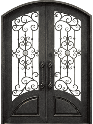 Arched double wrought iron door EL1160 MCD with symmetrical scrollwork, medallion accents and curved solid lower panels.