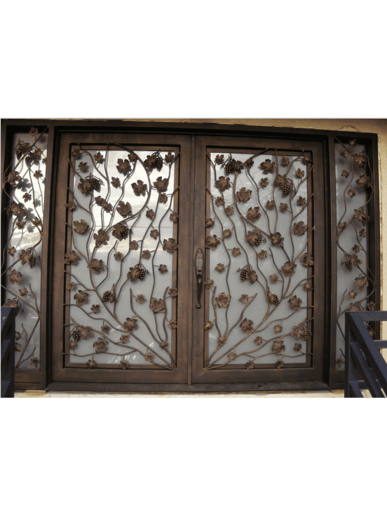 Botanical double wrought iron door EL1156 MCD with branching vines, sculpted leaves and matching decorative sidelights.