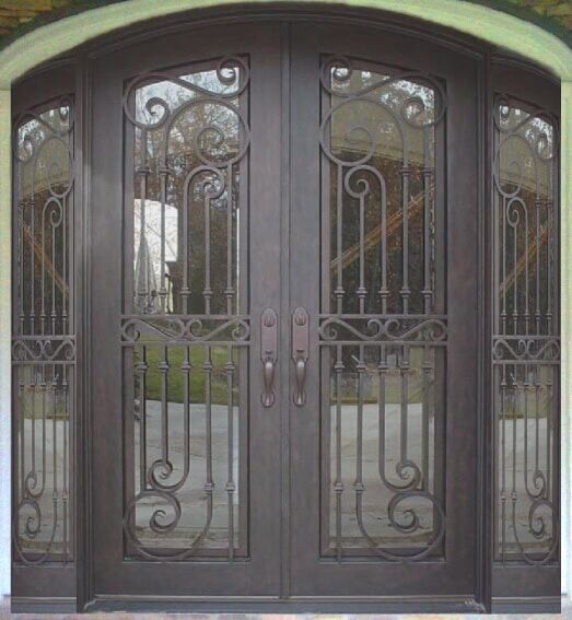 Eyebrow arch double wrought iron door EL1154 MCD with sidelights, vertical grillework and decorative scroll accents.
