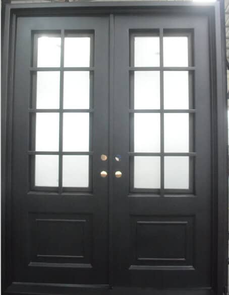 French grid double wrought iron door EL1152 MCD with divided glass sections, recessed lower panels and dark finish.