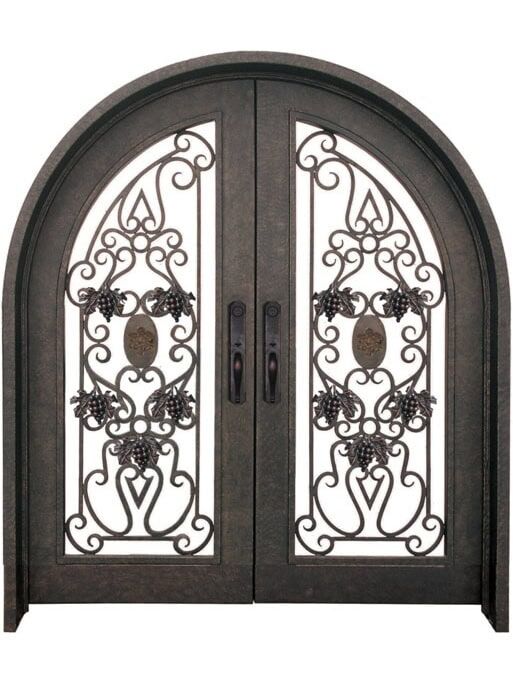 Double arched wrought iron door EL1143 MCD with ornate scrollwork, floral rosette accents, decorative medallions and expansive glass panels.