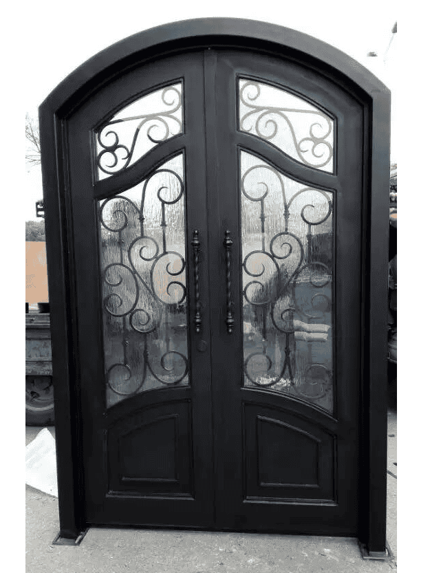 Double arched wrought iron door EL1140 MCD with flowing scrollwork, tall glass sections and solid decorative lower panels.