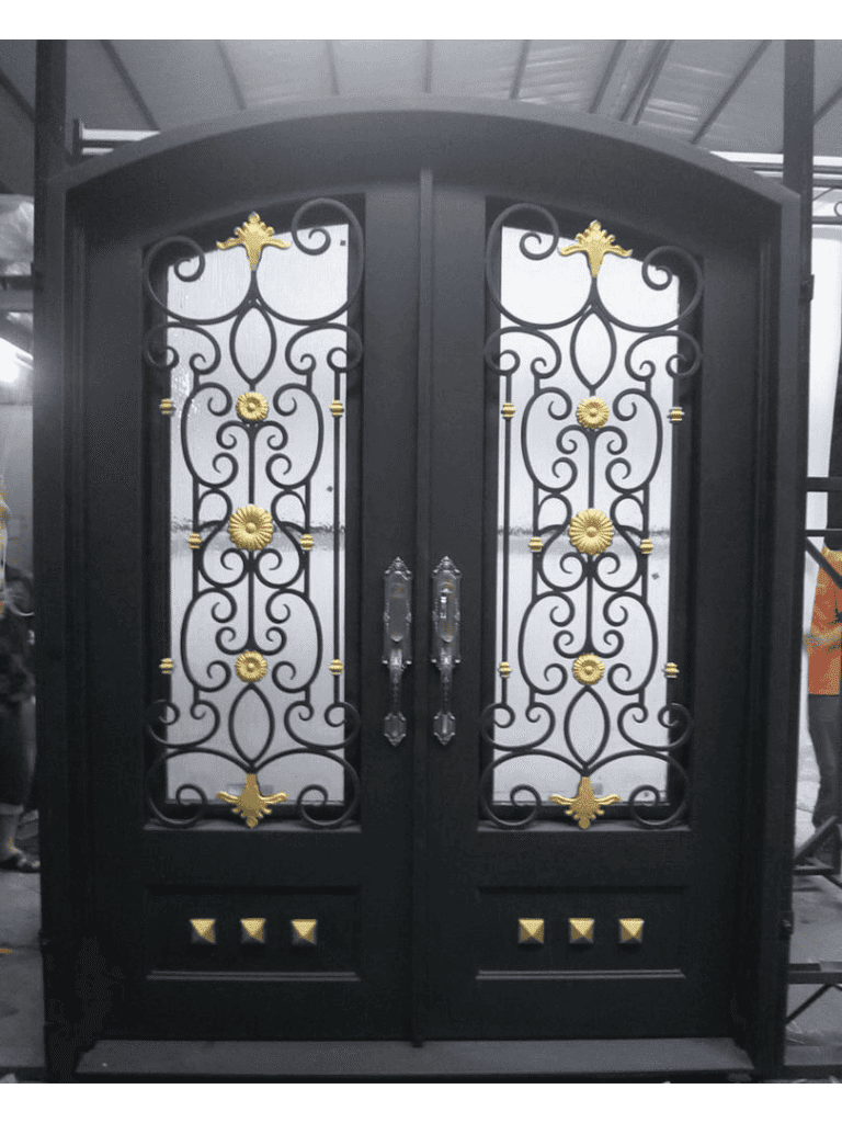 EL2078 MCD double wrought iron door with gold medallion scrollwork and insulated glass panels
