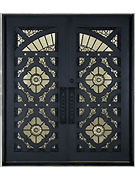 EL5046 MCD double wrought iron door with geometric floral medallion grille and insulated glass panels