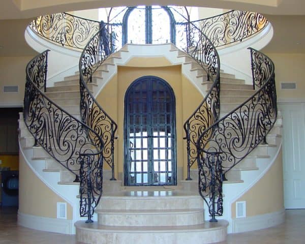 grand double curved wrought iron staircase railing scrollwork luxury design R1020 MCD