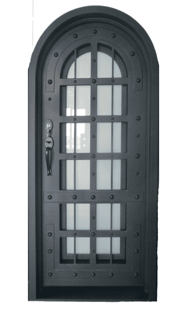 Renaissance style single arched wrought iron door with geometric glass panels EL1067 MCD handcrafted by Monarch Custom Doors.