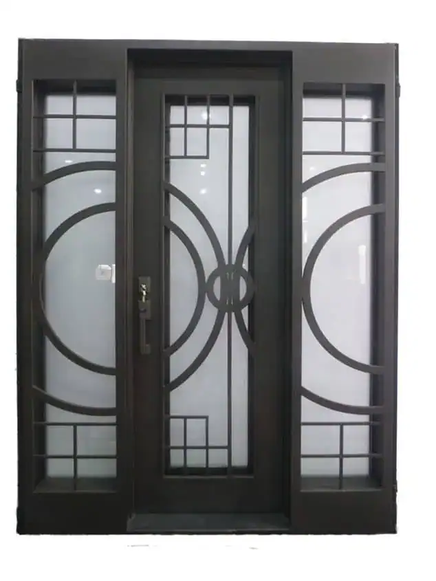Contemporary wrought iron door EL1006 MCD with geometric sidelights, frosted glass, and 12-gauge wrought iron construction