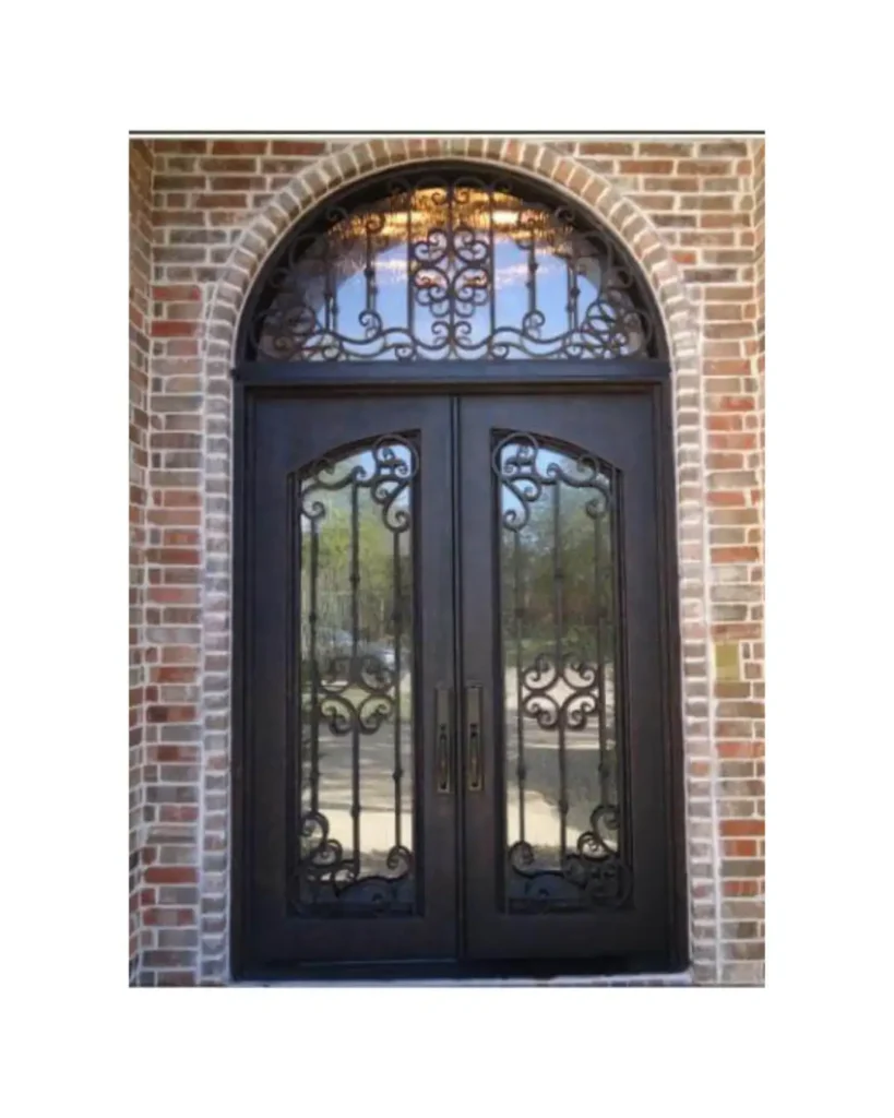 Double arched wrought iron door EL1008 MCD with floral scrollwork, decorative glass, and 12-gauge wrought iron construction