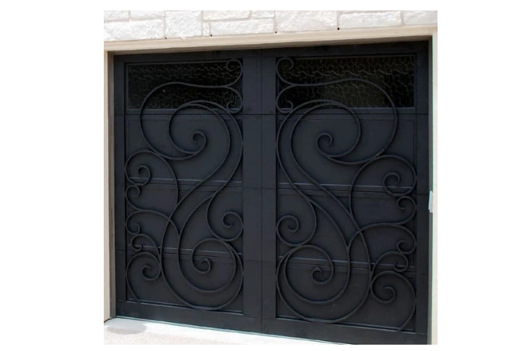 art nouveau wrought iron garage door GD4010 MCD with elegant curved scrollwork design by Monarch Custom Doors