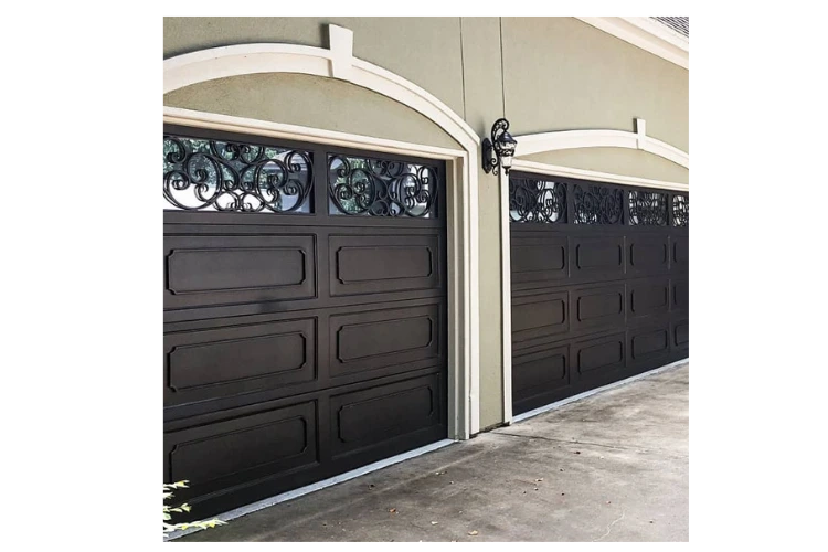 flat top wrought iron garage door GD4007 MCD with decorative scrollwork and glass panels by Monarch Custom Doors