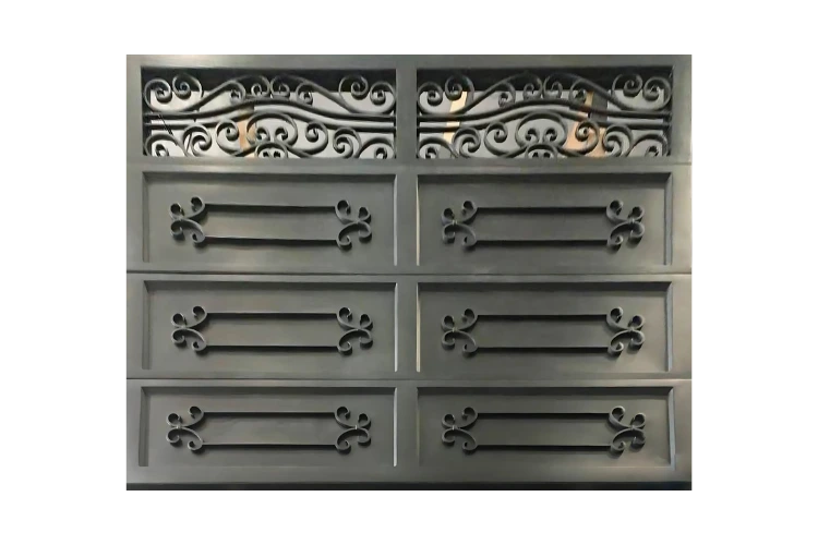 vitruvian scroll work iron garage door GD4015 MCD with decorative iron panels and glass inserts by Monarch Custom Doors