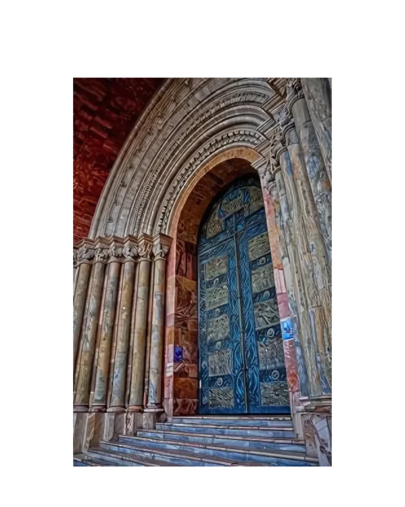 Blue Gothic metal church door EX7004 MCD with engraved cross motifs and ornate detailing