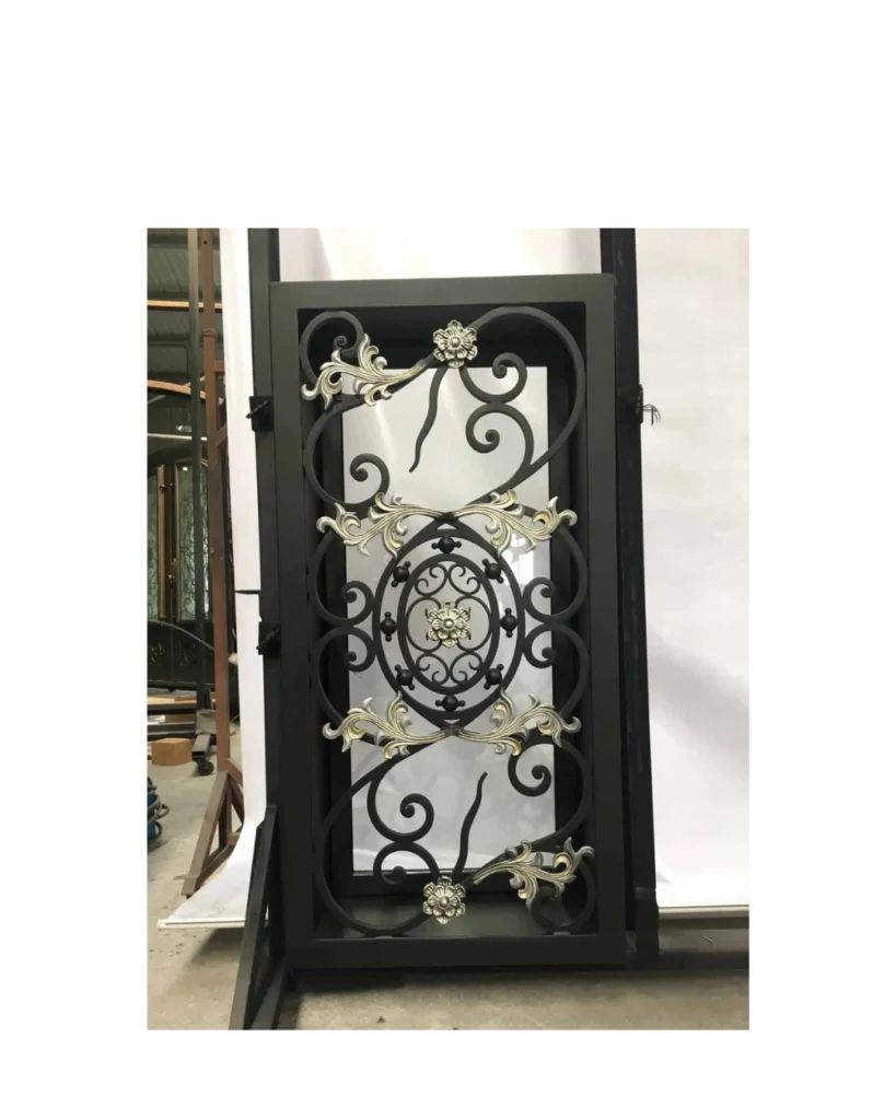 Wrought iron window with gold accent scrollwork LW153 MCD Monarch Custom Doors